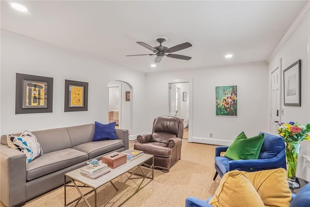 728 Antone St NW, Atlanta, GA 30318 - living area with arched walkways, recessed lighting, ceiling fan, and baseboards