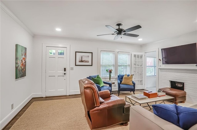 728 Antone St NW, Atlanta, GA 30318 - living room featuring baseboards, a fireplace, wood finished floors, a ceiling fan, and recessed lighting