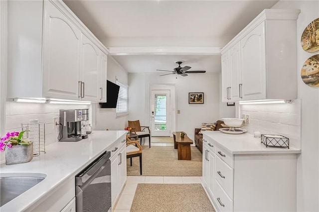 728 Antone St NW, Atlanta, GA 30318 - kitchen featuring stainless steel dishwasher, backsplash, white cabinets, and a ceiling fan