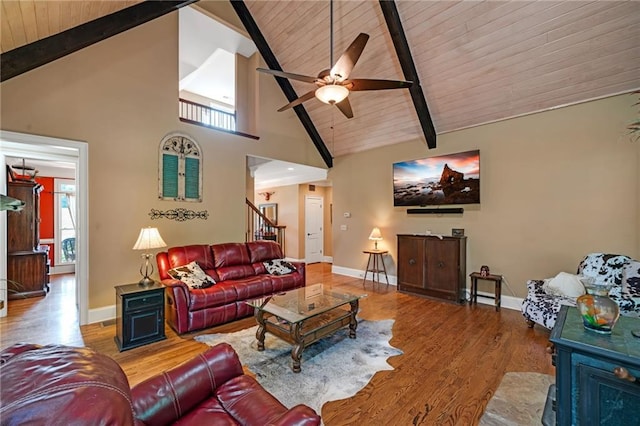 living room with ceiling fan, beam ceiling, wood ceiling, hardwood / wood-style floors, and high vaulted ceiling