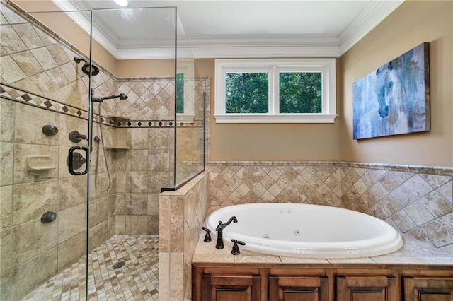 bathroom with crown molding and plus walk in shower