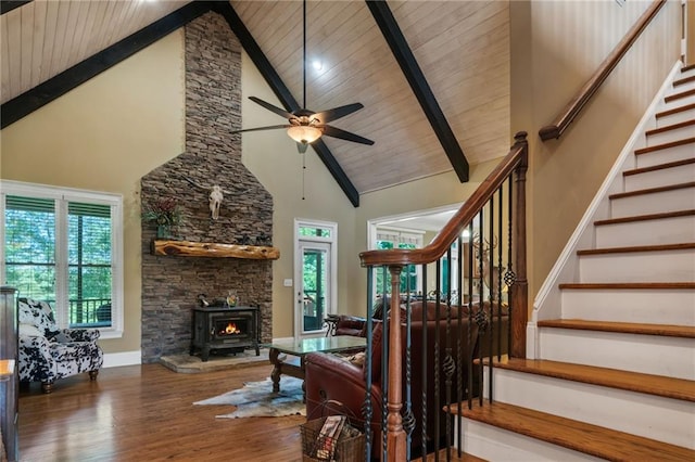 living room featuring high vaulted ceiling, wooden ceiling, dark hardwood / wood-style flooring, and ceiling fan