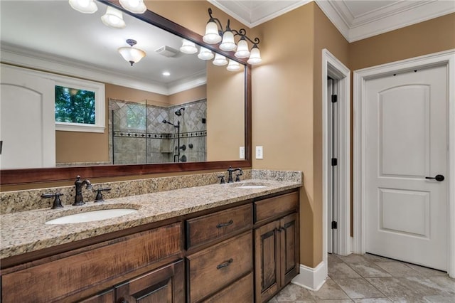 bathroom with vanity, crown molding, an enclosed shower, and tile patterned flooring