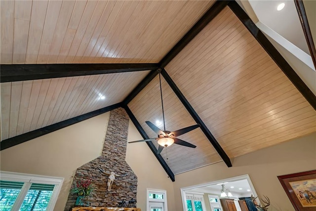 details featuring wood ceiling, ceiling fan, and beamed ceiling