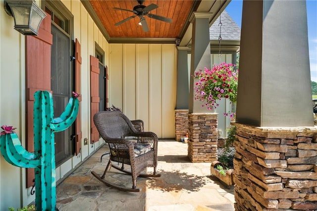 view of patio featuring ceiling fan