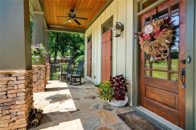 view of patio / terrace featuring ceiling fan and a porch