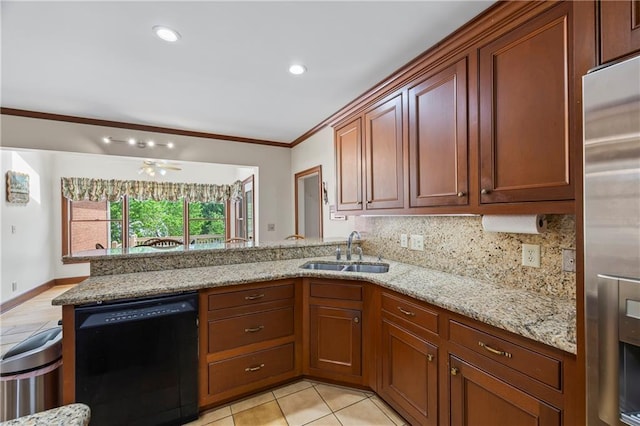 kitchen with ornamental molding, a peninsula, light stone counters, a sink, and dishwasher