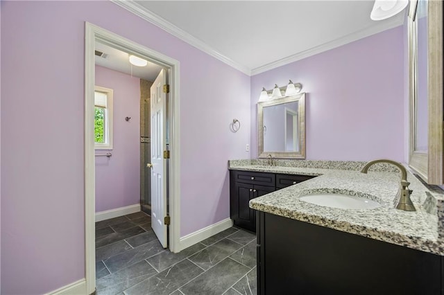 full bath with baseboards, ornamental molding, visible vents, and vanity