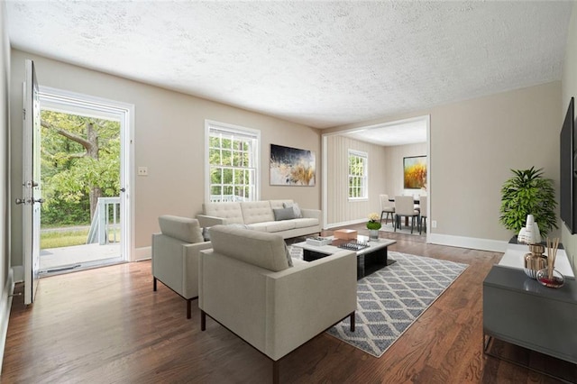 living room featuring a textured ceiling, wood finished floors, and baseboards