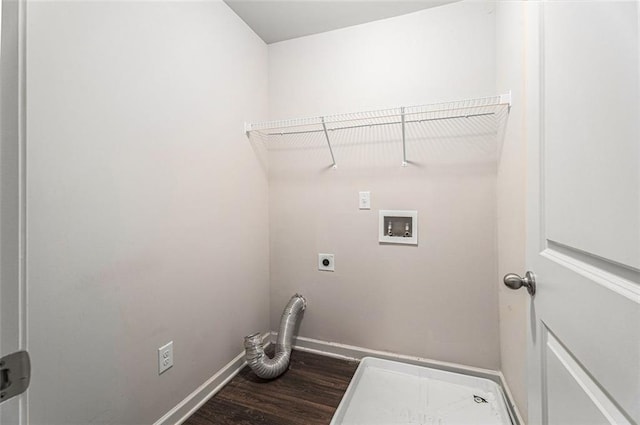 laundry room with dark wood-style floors, washer hookup, hookup for an electric dryer, laundry area, and baseboards