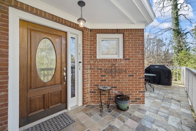 doorway to property featuring brick siding