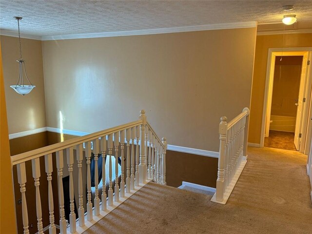 stairs featuring carpet flooring, a textured ceiling, and ornamental molding