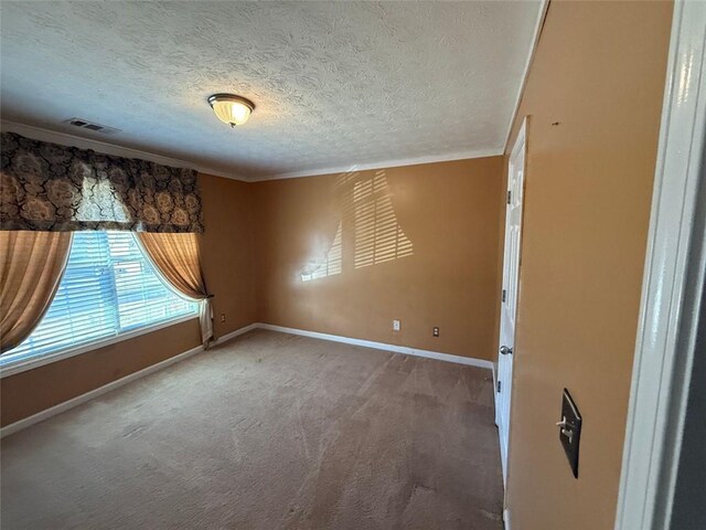 empty room with crown molding, carpet floors, and a textured ceiling