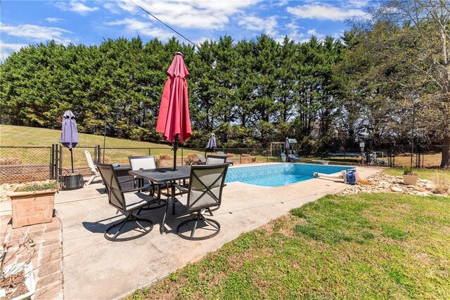 view of swimming pool with a fenced backyard, a fenced in pool, a yard, and a patio area