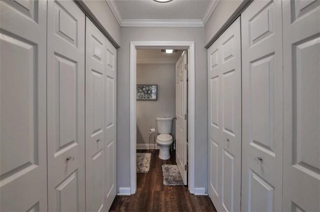2657 Lenox Rd Unit C30, Atlanta, GA 30324 - hallway with dark wood-style floors, baseboards, ornamental molding, and a textured ceiling