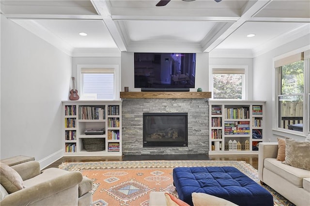 1297 Conway Rd, Decatur, GA 30030 - living room featuring coffered ceiling, wood finished floors, baseboards, a fireplace, and beamed ceiling