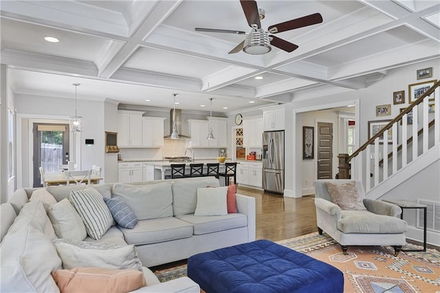 1297 Conway Rd, Decatur, GA 30030 - living area featuring coffered ceiling, ceiling fan, dark wood-style flooring, beam ceiling, and recessed lighting