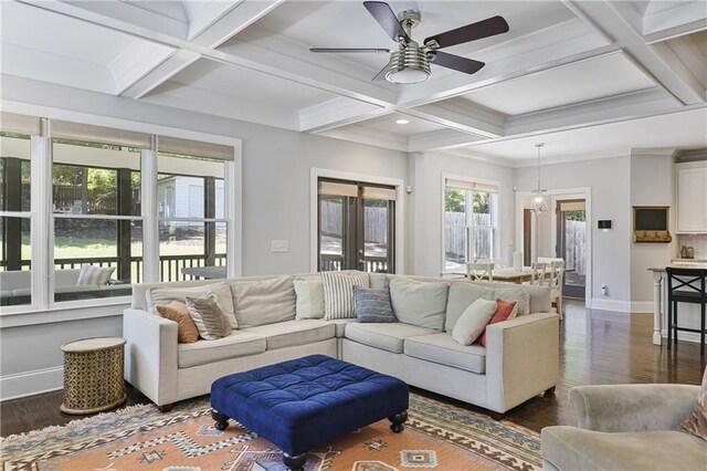 1297 Conway Rd, Decatur, GA 30030 - living area featuring coffered ceiling, baseboards, ceiling fan, dark wood-style flooring, and beam ceiling