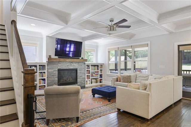 1297 Conway Rd, Decatur, GA 30030 - living area with coffered ceiling, a ceiling fan, dark wood-type flooring, stairway, and a stone fireplace