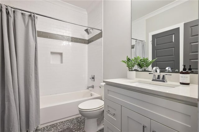 1297 Conway Rd, Decatur, GA 30030 - bathroom featuring vanity, toilet, shower / bath combo with shower curtain, and ornamental molding