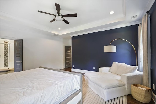 1297 Conway Rd, Decatur, GA 30030 - bedroom with a raised ceiling, wood finished floors, recessed lighting, ornamental molding, and ceiling fan