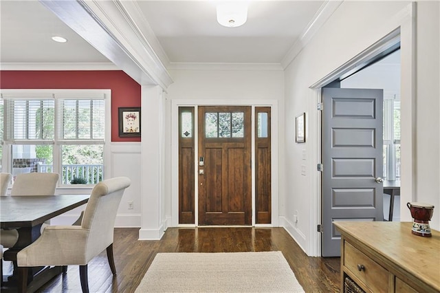 1297 Conway Rd, Decatur, GA 30030 - foyer featuring dark wood-style flooring, crown molding, and wainscoting