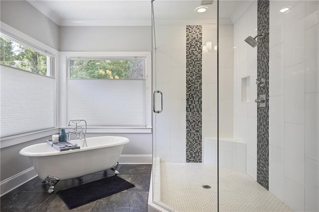 1297 Conway Rd, Decatur, GA 30030 - full bath featuring a shower stall, a soaking tub, baseboards, crown molding, and marble finish flooring