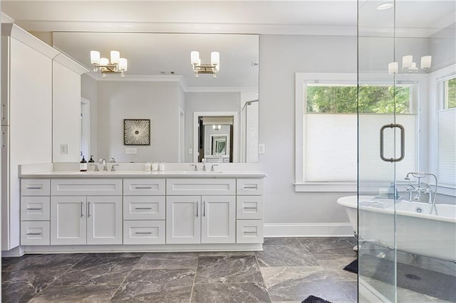 1297 Conway Rd, Decatur, GA 30030 - full bathroom with a chandelier, crown molding, double vanity, a freestanding bath, and baseboards