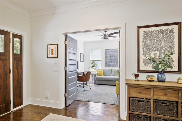 1297 Conway Rd, Decatur, GA 30030 - entryway featuring dark wood finished floors, ornamental molding, a ceiling fan, and baseboards
