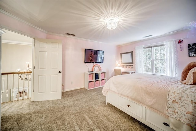 bedroom with crown molding and light colored carpet