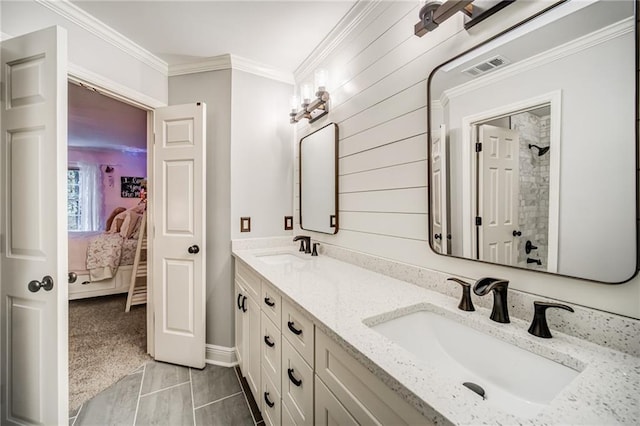 bathroom with crown molding, tile floors, and dual bowl vanity