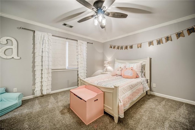 carpeted bedroom featuring ceiling fan and ornamental molding