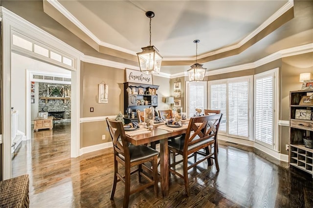 dining area with hardwood / wood-style floors, a stone fireplace, a tray ceiling, and a wealth of natural light