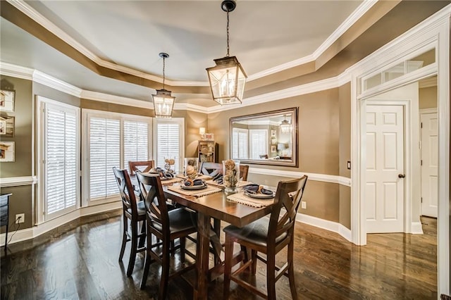 dining space with a raised ceiling, dark hardwood / wood-style floors, and ornamental molding