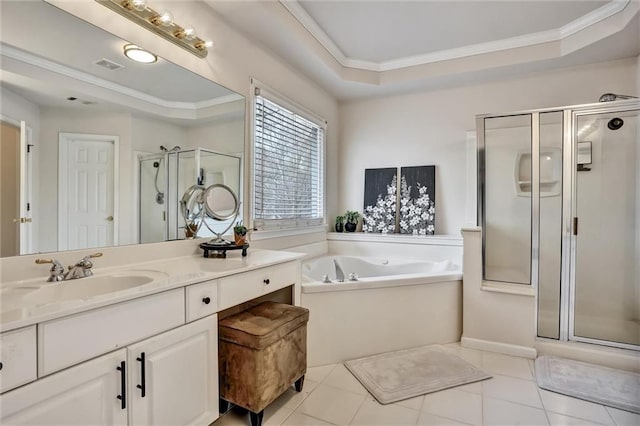 full bathroom featuring visible vents, a stall shower, a tray ceiling, and ornamental molding