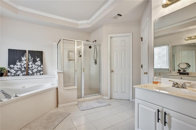 full bath with visible vents, a shower stall, vanity, and crown molding