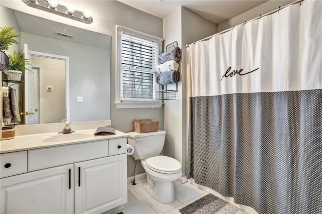 full bath with vanity, visible vents, curtained shower, tile patterned floors, and toilet