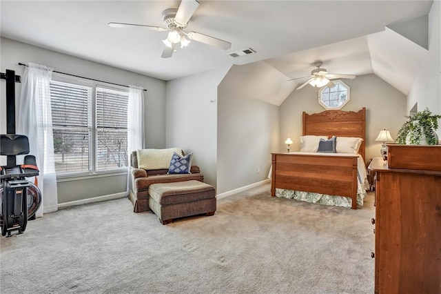 carpeted bedroom featuring visible vents, multiple windows, baseboards, and vaulted ceiling