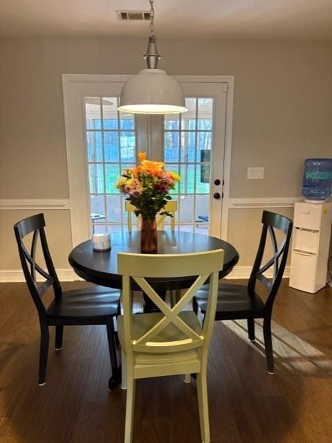 dining area with a wainscoted wall, visible vents, a decorative wall, and dark wood-type flooring