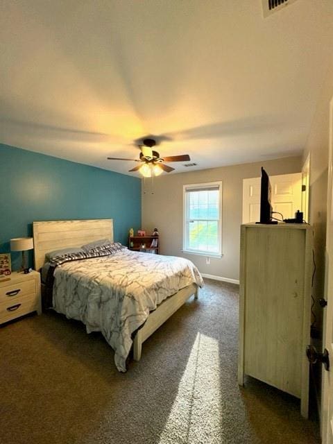 bedroom with dark carpet, baseboards, and ceiling fan