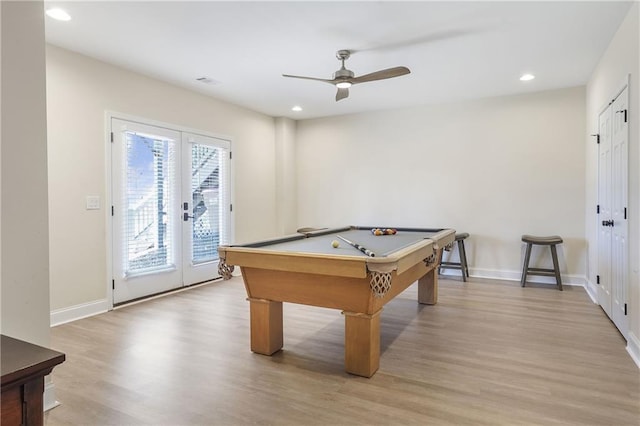 game room featuring french doors, recessed lighting, light wood-type flooring, billiards, and baseboards