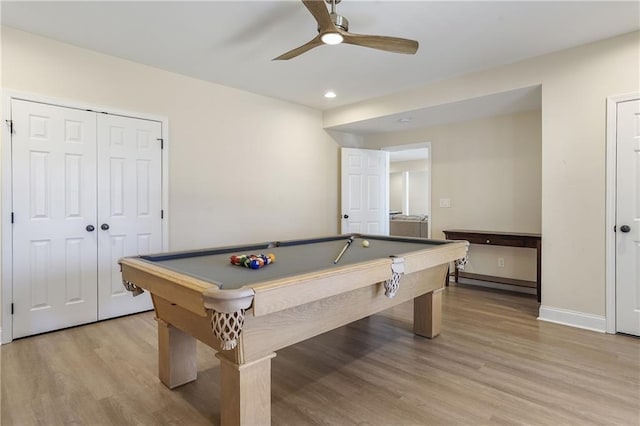 rec room featuring ceiling fan, billiards, baseboards, baseboard heating, and light wood finished floors