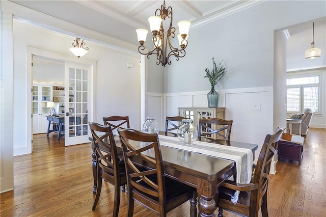 dining area featuring french doors, a wainscoted wall, ornamental molding, wood finished floors, and coffered ceiling