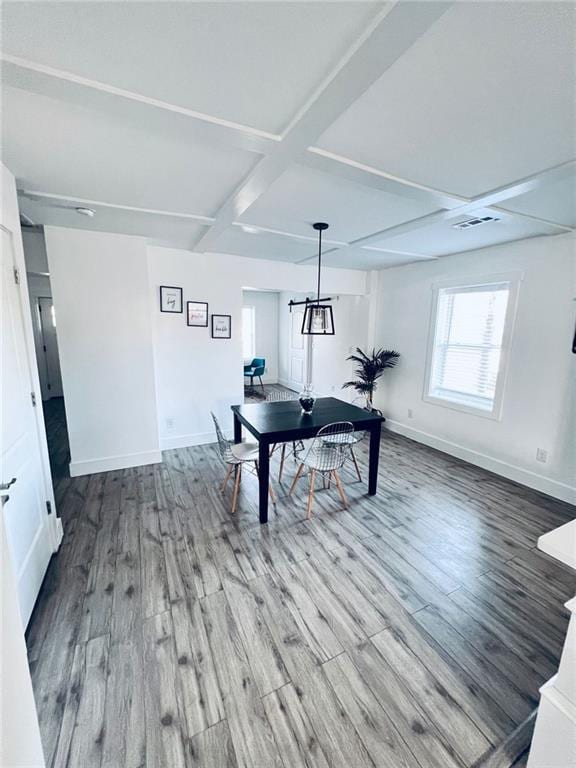 rec room featuring coffered ceiling, beamed ceiling, and hardwood / wood-style floors