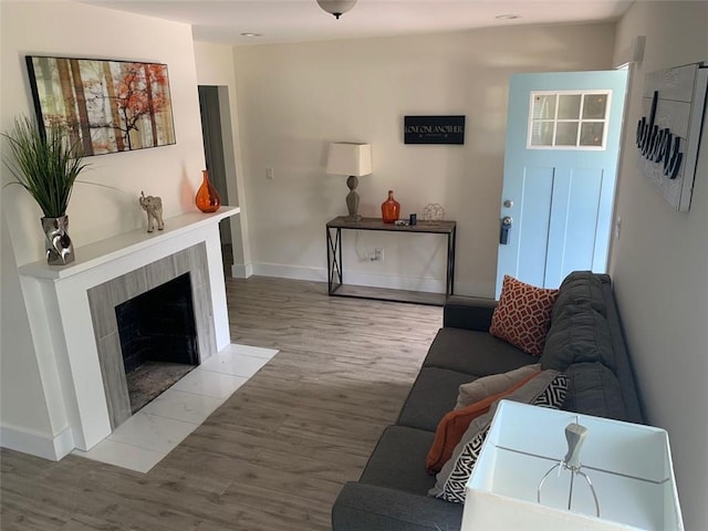 living room featuring a premium fireplace and hardwood / wood-style flooring