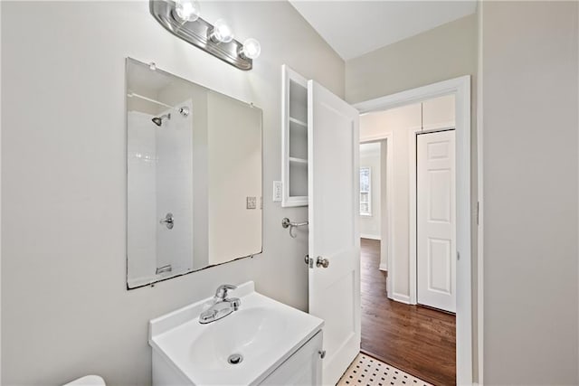 bathroom featuring vanity, wood-type flooring, and a shower