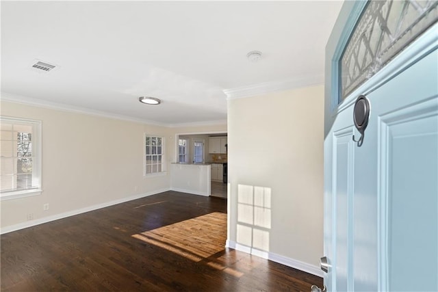 interior space with crown molding and dark hardwood / wood-style floors