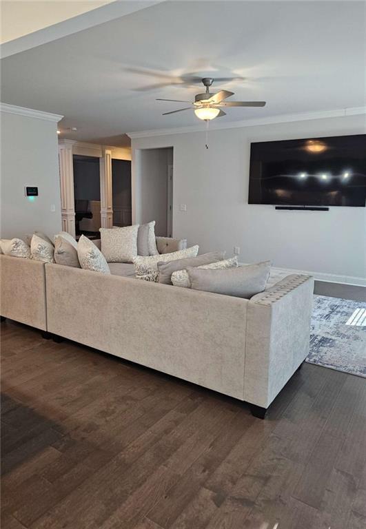 living room featuring ceiling fan, ornamental molding, and dark wood-type flooring