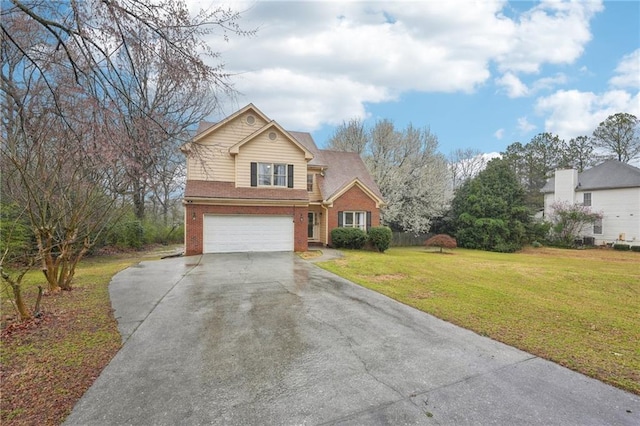 traditional-style house with brick siding, driveway, an attached garage, and a front lawn