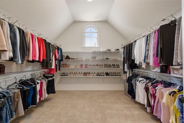 walk in closet featuring lofted ceiling and carpet